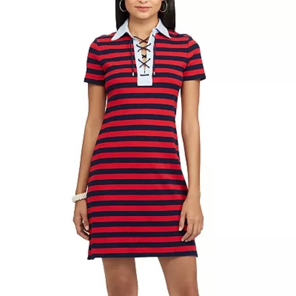 Chaps | Nautical-Inspired Lace-up Polo Shirt Dress Navy & Red Stripe Rope Tie - Picture 1 of 3